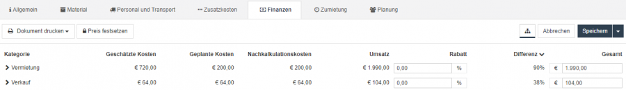 Kostenübersicht im Reiter Finanzen eines Projekts