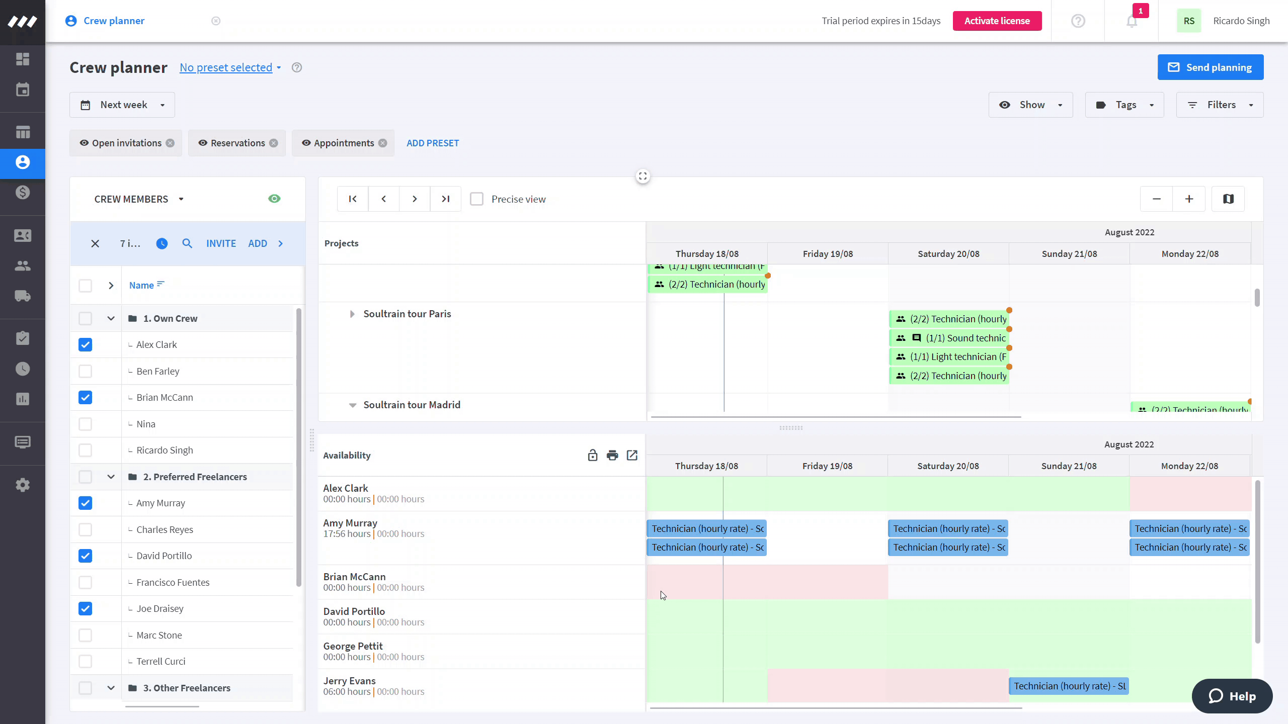 Editing functions in the crew planner